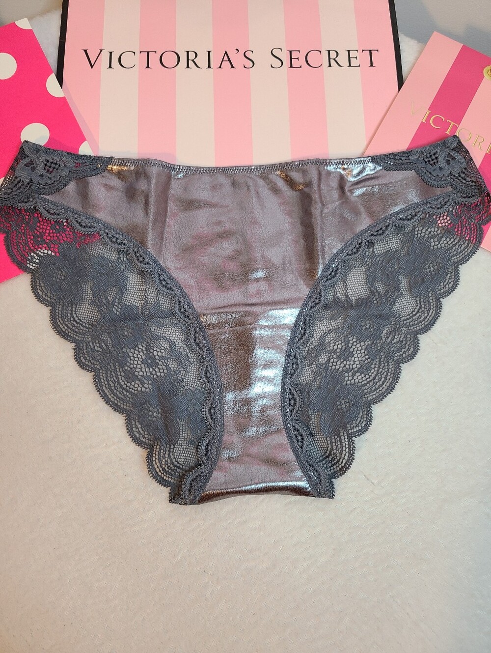 Retired VS Dream Angels Metallic Faux Leather & Lace Cheekini Panty Size M